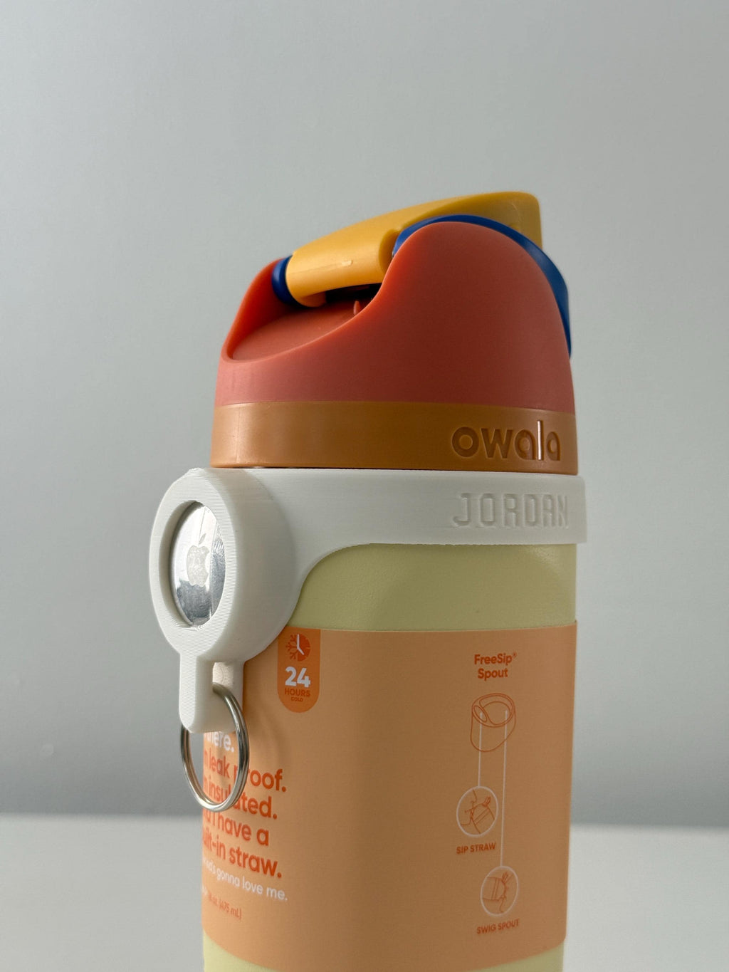 For the Owala FreeSip Kids 16oz Water Bottle - Customizable Name Band with AirTag Holder and Keyring