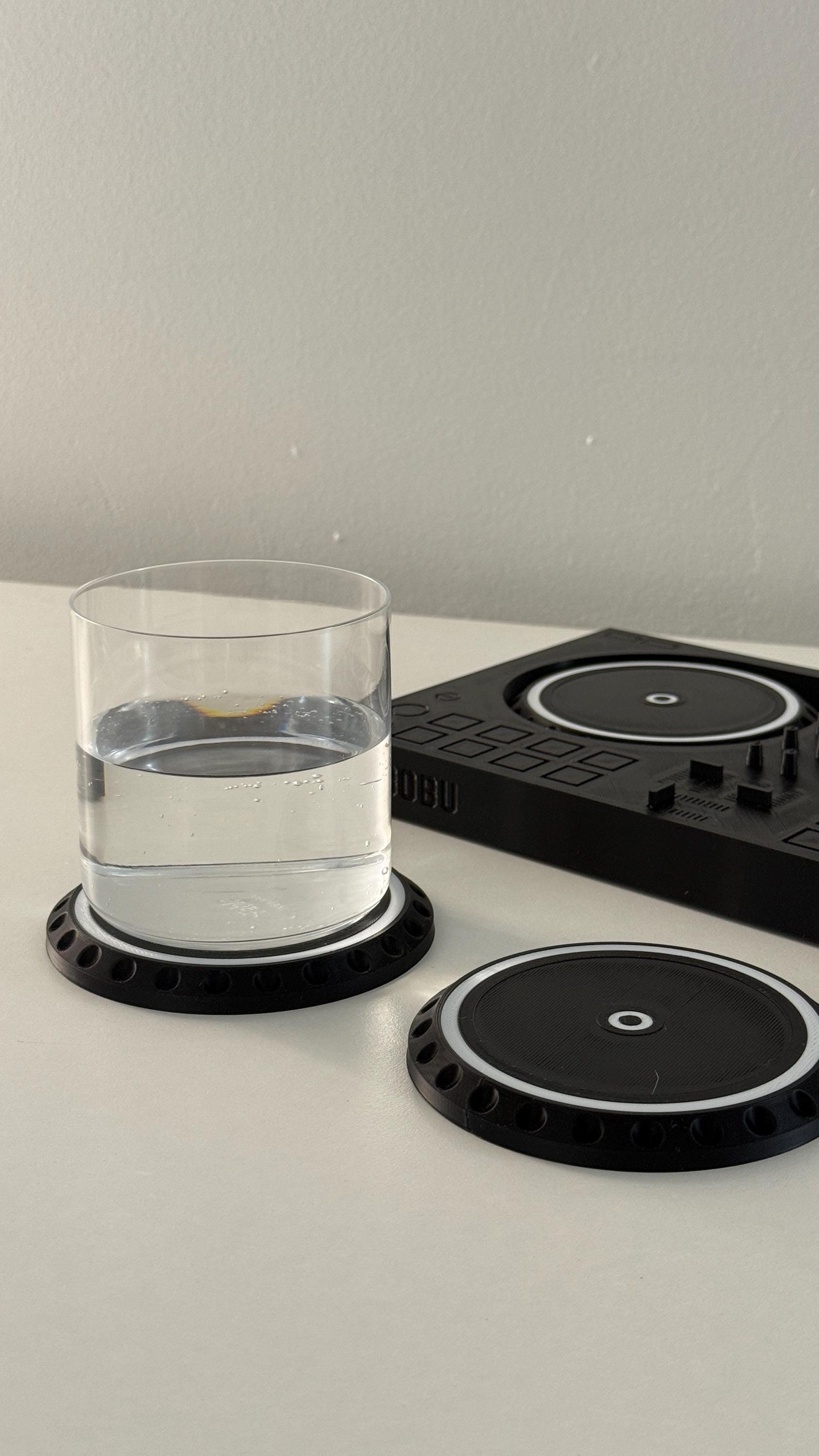 DJ Turntable Coaster Set – 6pc Vinyl Drink Coasters with 10”x6” Controller Base | Customizable Nameplate Option | DJ Gift for Music Fans