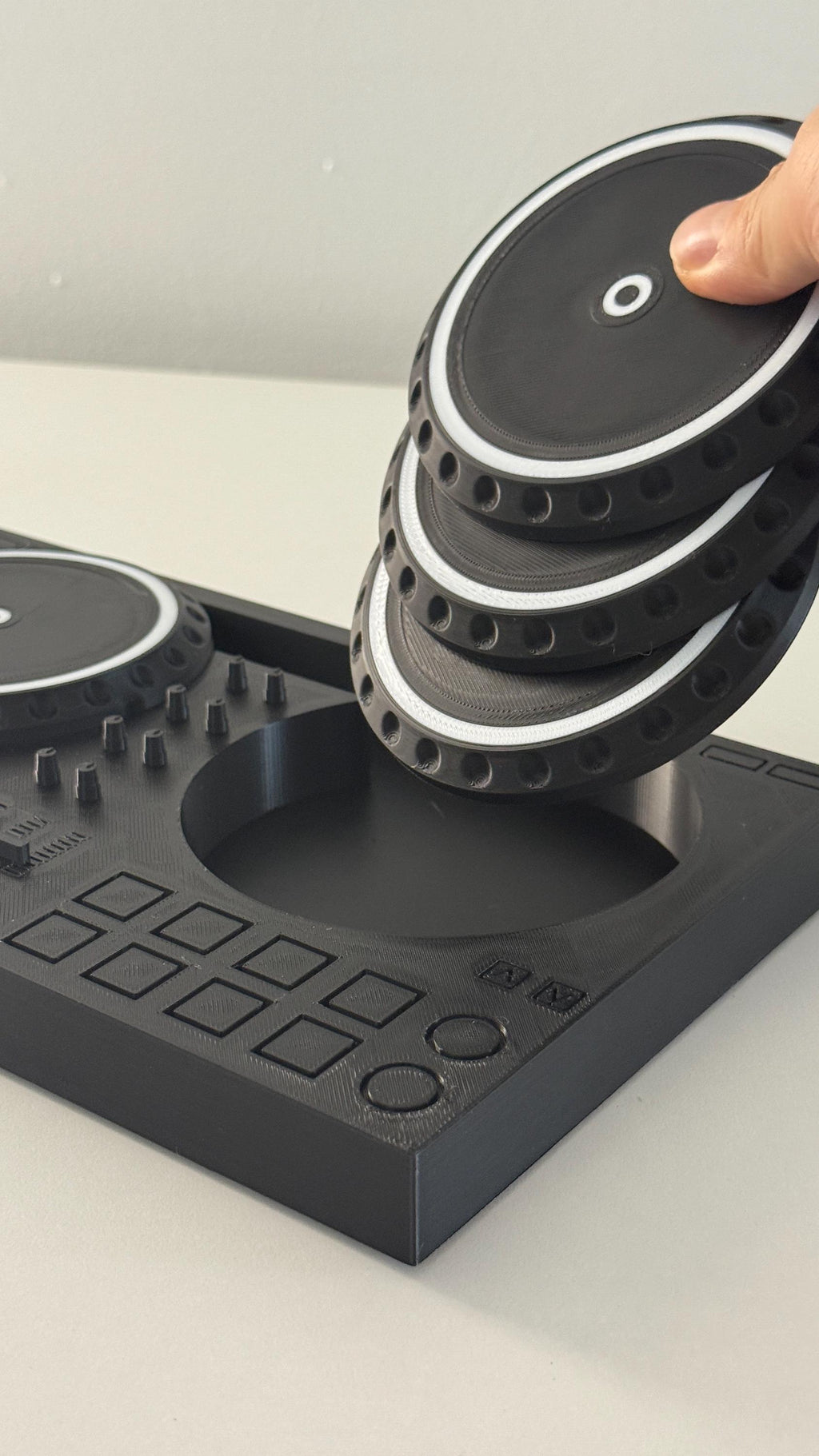 DJ Turntable Coaster Set – 6pc Vinyl Drink Coasters with 10”x6” Controller Base | Customizable Nameplate Option | DJ Gift for Music Fans