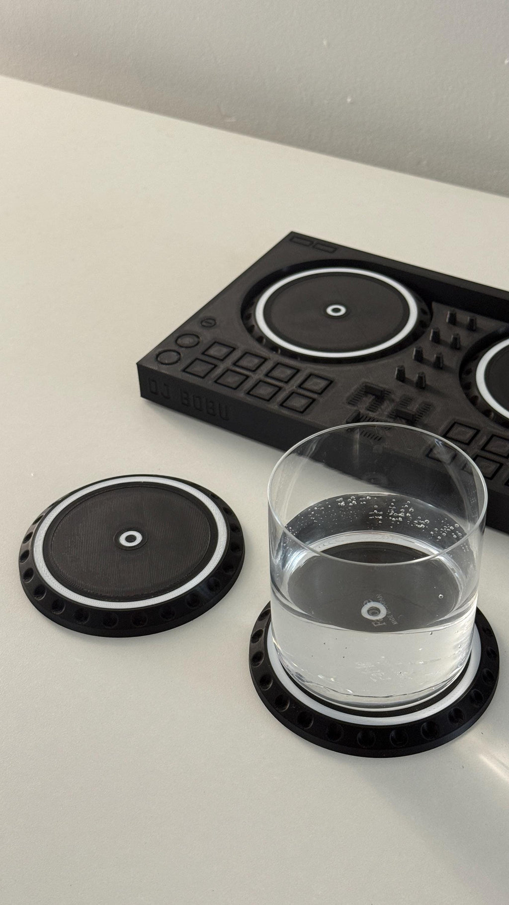 DJ Turntable Coaster Set – 6pc Vinyl Drink Coasters with 10”x6” Controller Base | Customizable Nameplate Option | DJ Gift for Music Fans