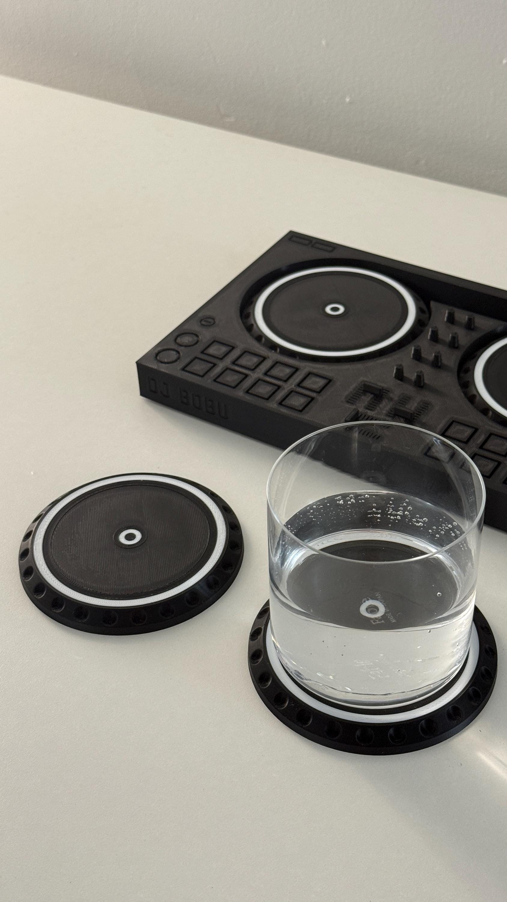 DJ Turntable Coaster Set – 6pc Vinyl Drink Coasters with 10”x6” Controller Base | Customizable Nameplate Option | DJ Gift for Music Fans