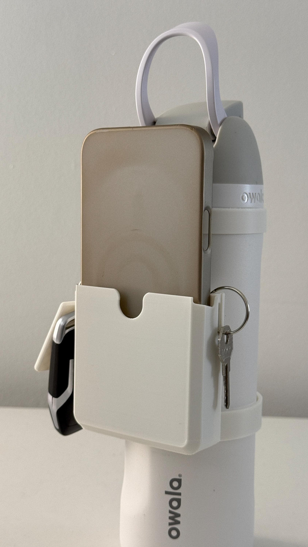 For the Owala FreeSip 24oz Water Bottle - Customizable Name Band with Phone Dock, Carrying Pouch and Dual Key Ring Holder