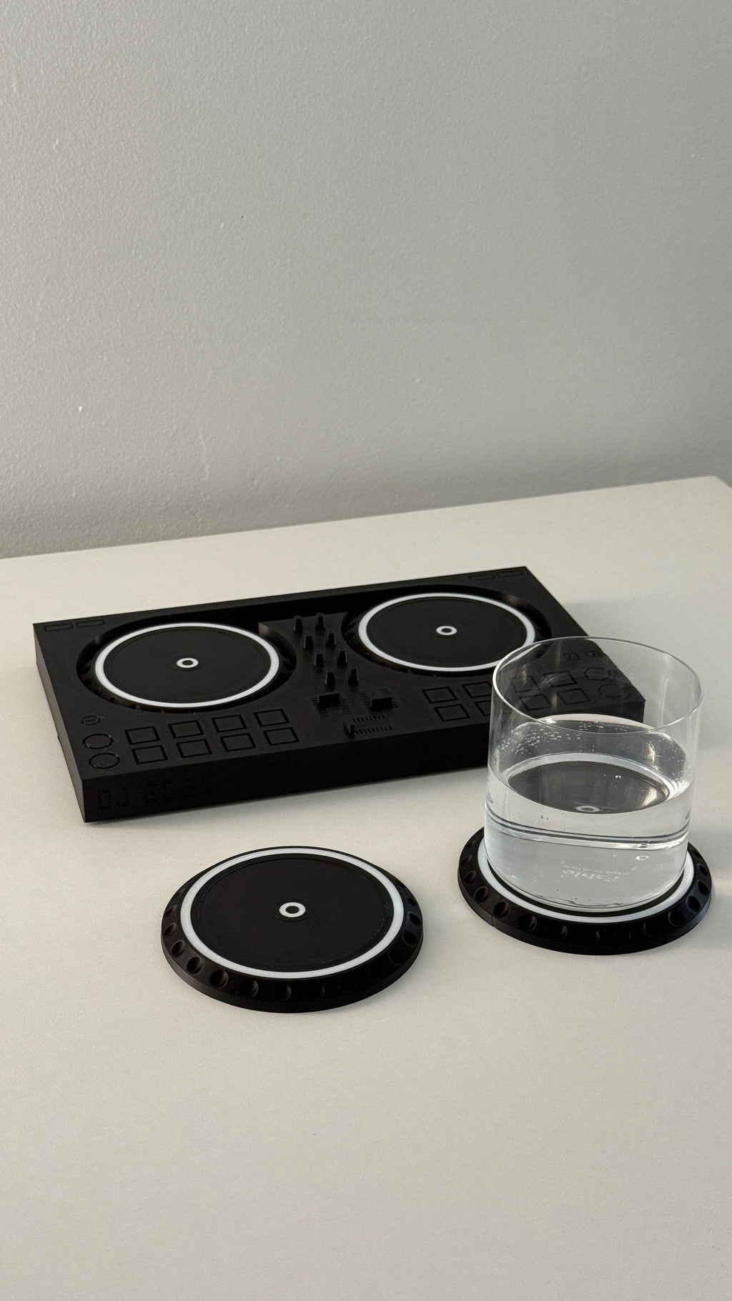 DJ Turntable Coaster Set – 6pc Vinyl Drink Coasters with 10”x6” Controller Base | Customizable Nameplate Option | DJ Gift for Music Fans